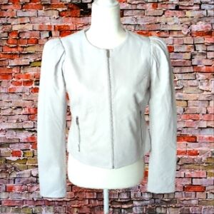 Gray Soft Leather Zip Up collarless Jacket Pleated Shoulders by Ryegrass Size S